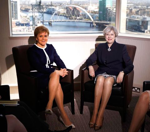British Prime Minister Theresa May meets with Scottish First Minister Nicola Sturgeon at the Crown Plaza Hotel on March 27, 2017 in Glasgow, Scotland