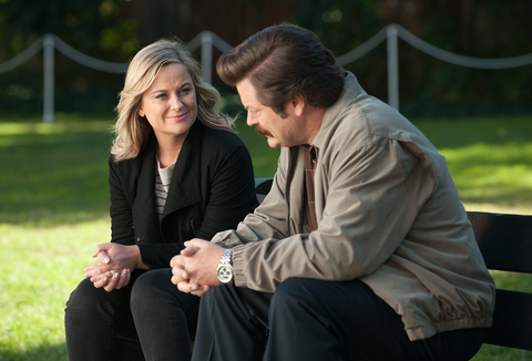 amy poehler as leslie knope, nick offerman as ron swanson in parks and recreation