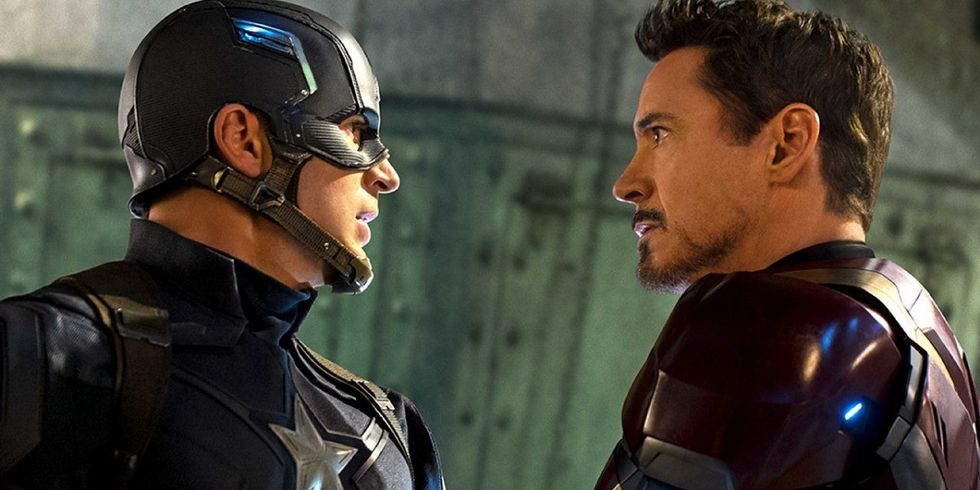 Chris Evans and Robert Downey Jr as Captain America and Iron Man in Captain America: Civil War Avengers