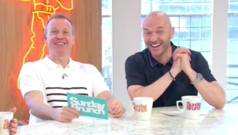 Tim Lovejoy and Simon Rimmer laughing at live blunder on Sunday Brunch (June 11)