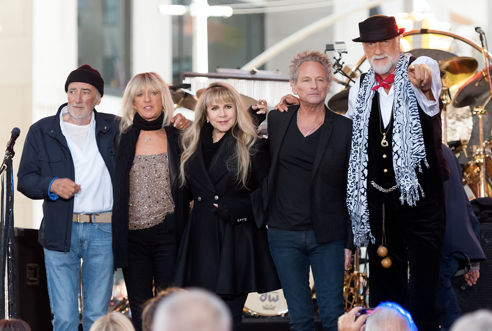 John McVie, Christine McVie, Stevie Nicks, Lindsey Buckingham, and Mick Fleetwood of Fleetwood Mac pose onstage during NBC's 'Today'