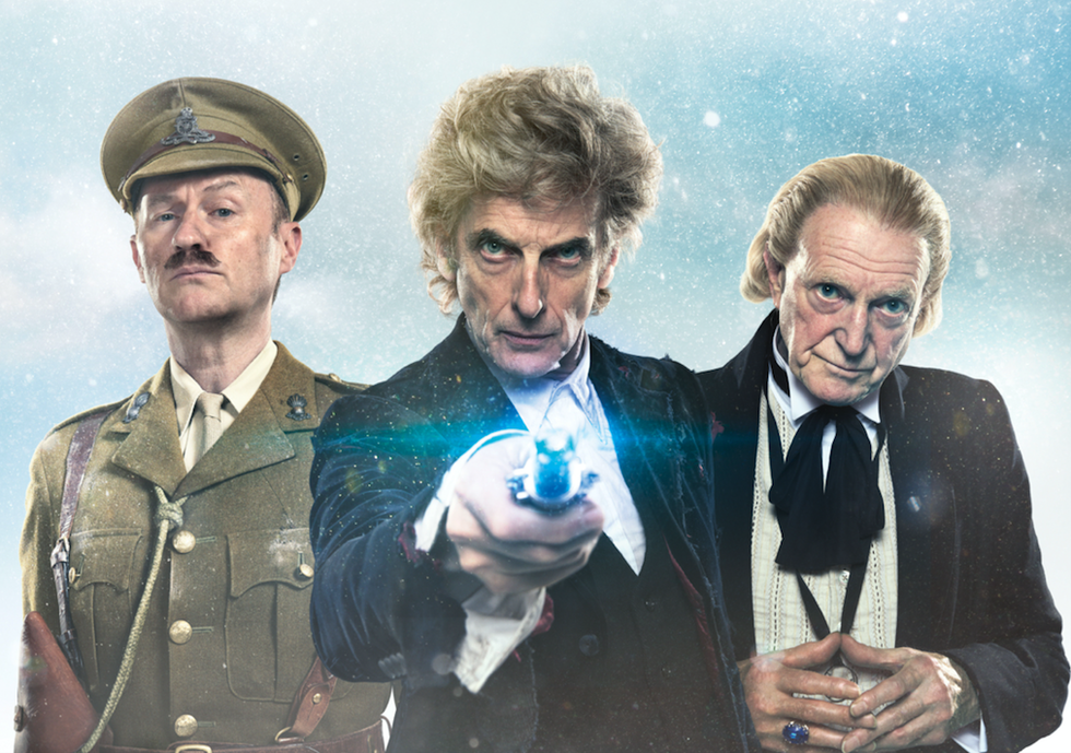 Mark Gatiss, Peter Capaldi and David Bradley as The Captain and The Twelfth and First Doctor, respectively.