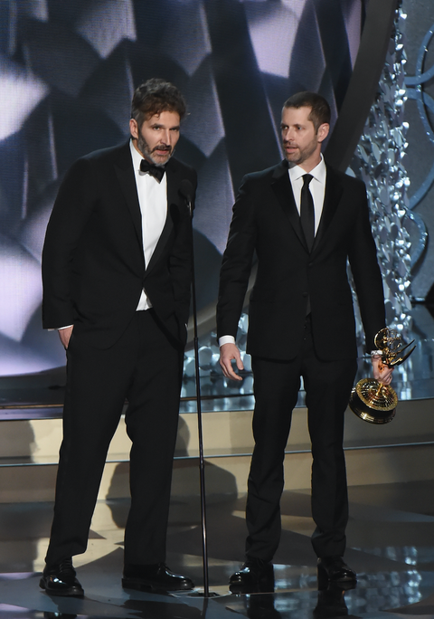 David Benioff (L) and D.B. Weiss accept the award for Outstanding Writing for a Drama Series for 'Game of Thrones' episode 'Battle of the Bastards' onstage during the 68th Annual Primetime Emmy Awards