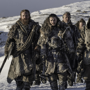 Game of Thrones season 7, episode 6:  Tormund Giantsbane, Jon Snow, Ser  Jorah Mormont, Thoros of Myr and Gendry set out beyond the Wall