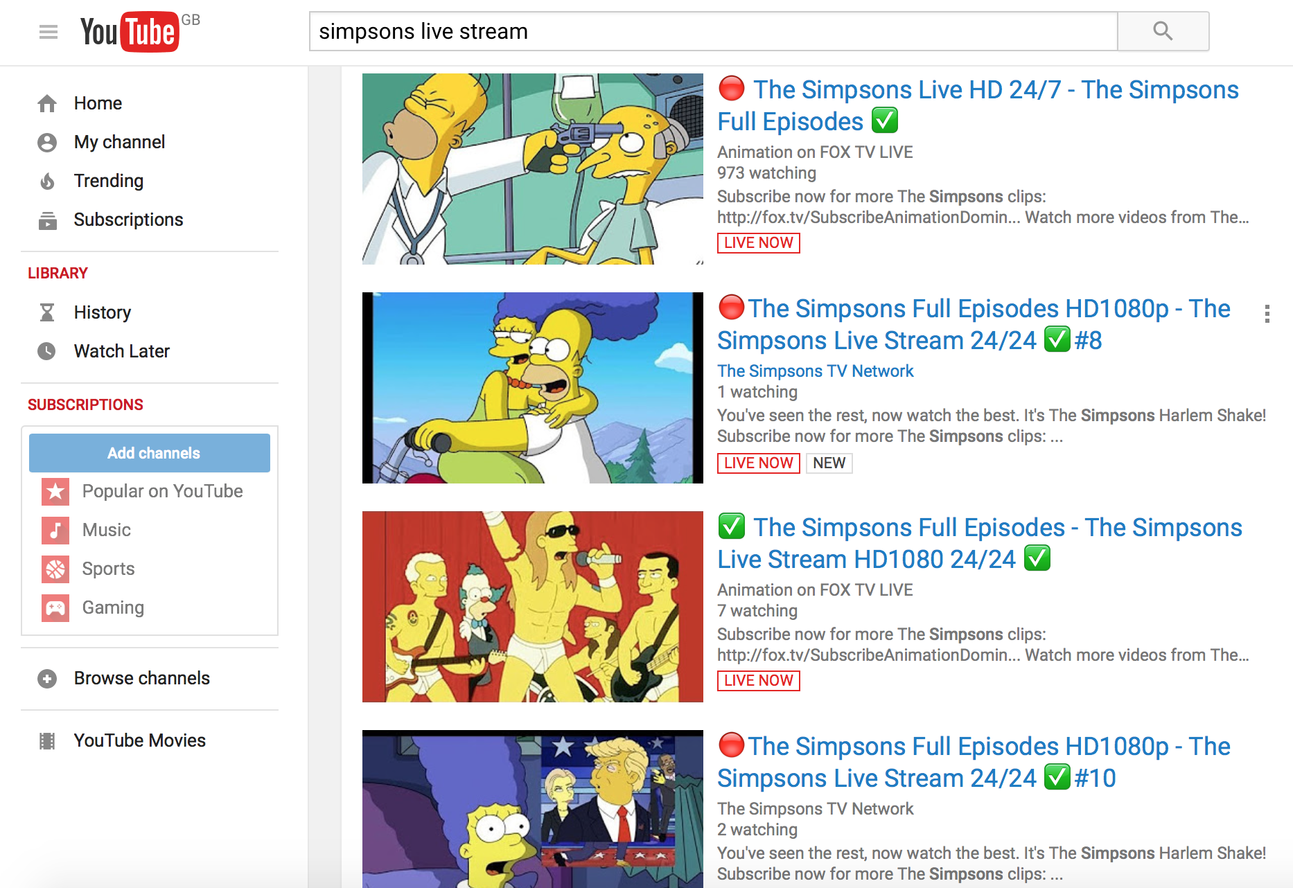 YouTube flooded with illegal 24 7 livestreams of The Simpsons