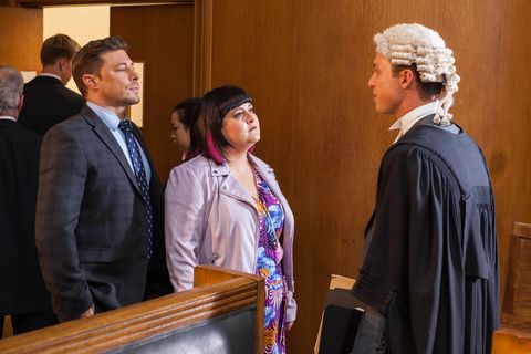 Ryan Knight and Tegan Lomax confront James Nightingale at Ste Hay's trial in Hollyoaks