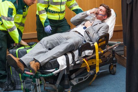 Ste Hay suffers a health scare at his trial in Hollyoaks
