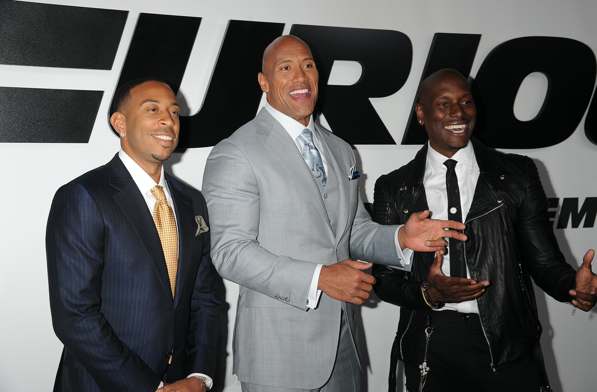 Chris 'Ludacris' Bridges, Dwayne Johnson and Tyrese Gibson arrive at the premiere of 'Furious 7