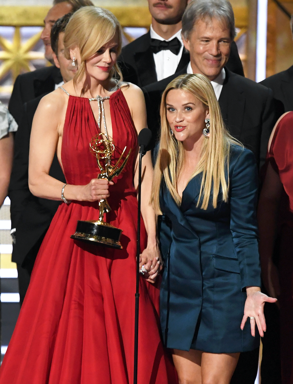 Nicole Kidman and Reese Witherspoon with cast and crew of 'Big Little Lies' accept the Outstanding Limited Series award onstage during the 69th Annual Primetime Emmy Awards