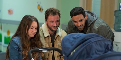 Stacey Fowler, Martin Fowler and Kush Kazemi wait for news on Arthur in EastEnders