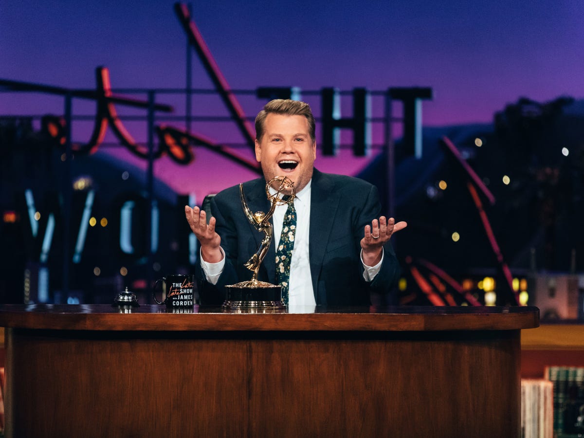 james corden thanks the audience after winning an emmy award during 'the late late show with james corden,'