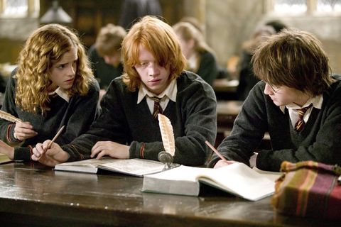 harry ron and hermione studying in harry potter