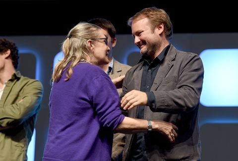Carrie Fisher and Rian Johnson on stage during Future Directors Panel at the Star Wars Celebration 2016