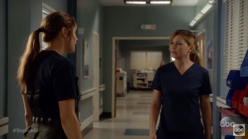 Jaina Lee Ortiz and Ellen Pompeo in Grey's Anatomy spin-off Station 19 trailer