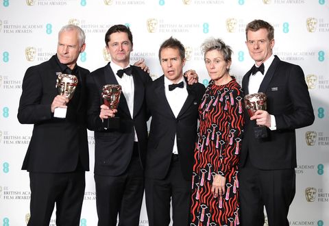 Martin McDonagh, Peter Czernin, Sam Rockwell, Frances McDormand and Graham Broadbent, accepting the Best Film award for 'Three Billboards Outside Ebbing, Missouri',