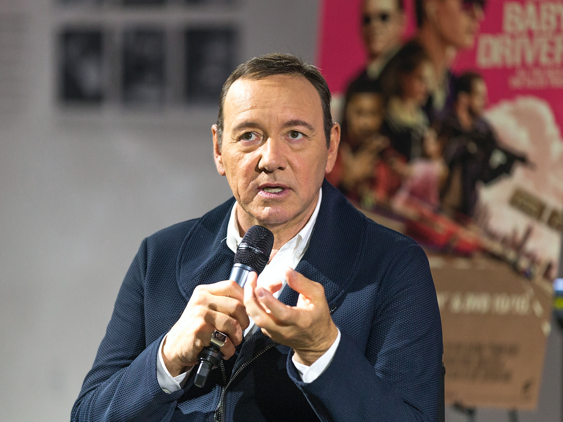 Kevin Spacey talks on stage at Cars, Arts & Beats: A Night Out With 'Baby Driver'