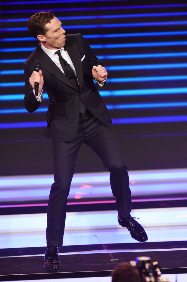 Benedict Cumberbatch dances on stage during the 2018 Laureus World Sports Awards show at Salle des Etoiles