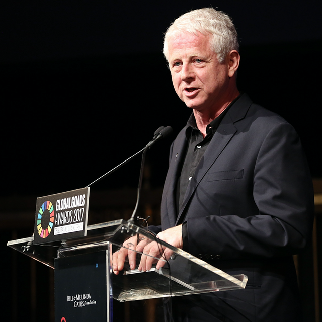 richard curtis speaks on stage at the world goalkeepers goals awards