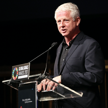 richard curtis speaks on stage at the goalkeepers global goals awards