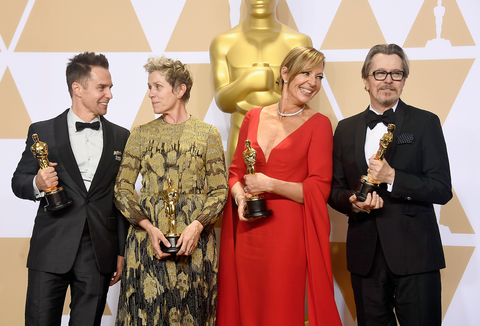Actor Sam Rockwell, winner of the Best Supporting Actor award for 'Three Billboards Outside Ebbing, Missouri;' actor Frances McDormand, winner of the Best Actress award for 'Three Billboards Outside Ebbing, Missouri;' actor Allison Janney, winner of the Best Supporting Actress award for 'I, Tonya;' and actor Gary Oldman, winner of the Best Actor award for 'Darkest Hour,' pose in the press room during the 90th Annual Academy Awards