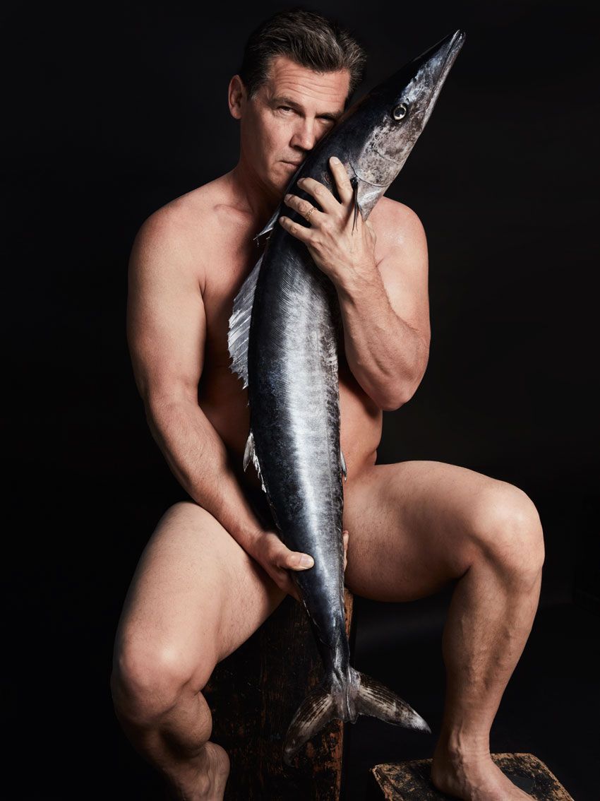 Josh Brolin hugs a giant wet fish completely naked