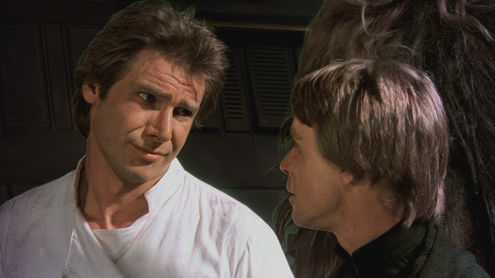 Harrison Ford and Mark Hamill as Han Solo and Luke Skywalker in Star Wars Return of the Jedi