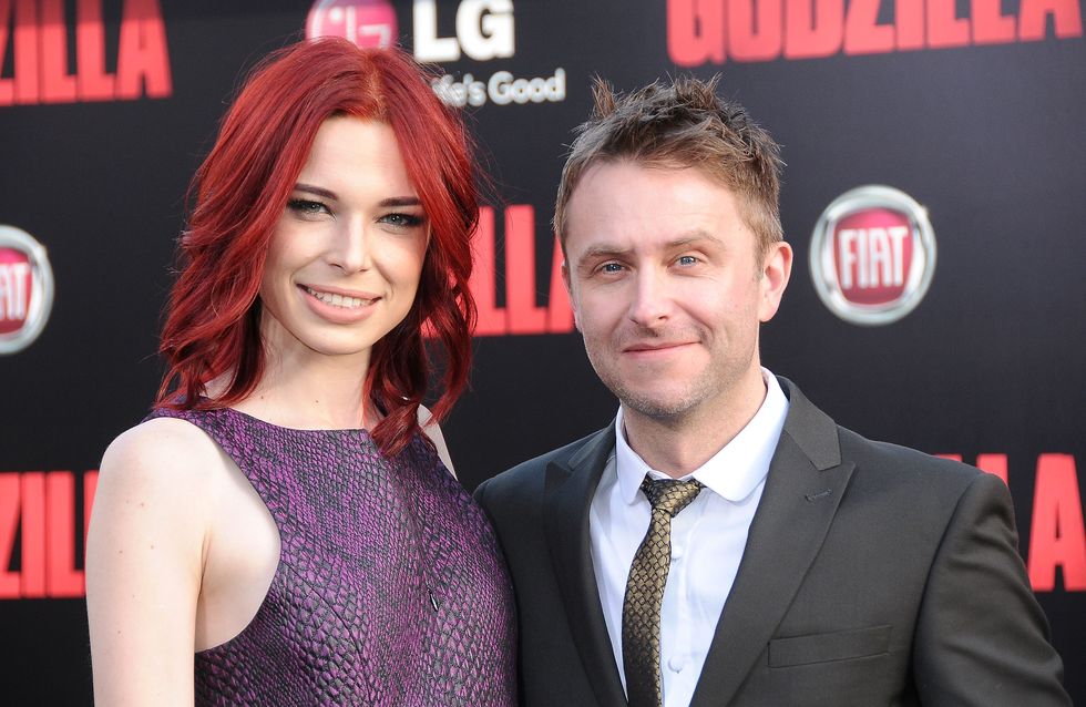 Chris Hardwick and actress Chloe Dykstra arrive at the Los Angeles premiere of 'Godzilla' in 2014