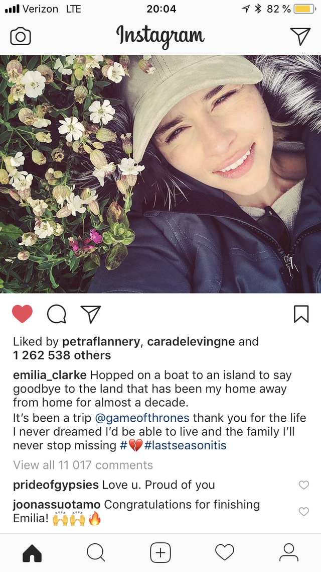 Jason Momoa comments on Emilia Clarke's Instagram screengrab