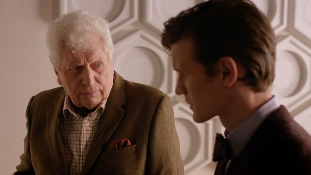 Tom Baker and Matt Smith on set of the Doctor Who 50th special