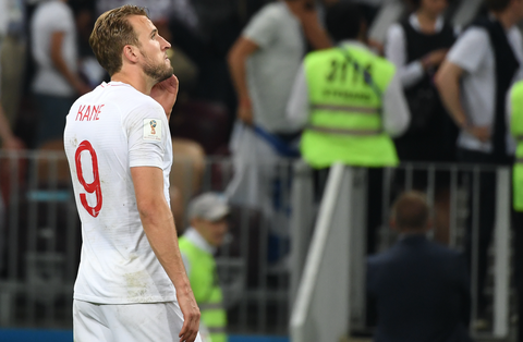 England's forward Harry Kane reacts after the Russia 2018 World Cup semi-final football match between Croatia and England at the Luzhniki Stadium in Moscow on July 11, 2018