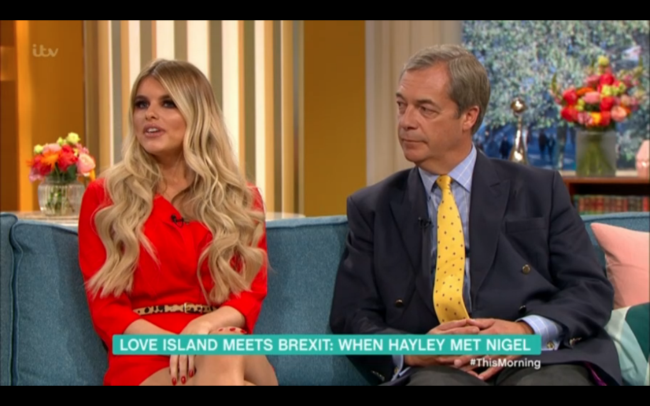 Love Island S Hayley Talks Brexit With Nigel Farage On This Morning Nigel farage has said itv2 dating show love island sounds like rather good fun and joked that he might get invited on. hayley talks brexit with nigel farage