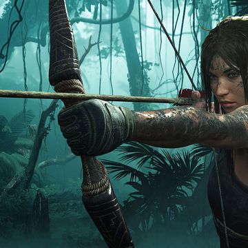shadow of the tomb raider screenshot, lara croft, covered in mud, readies her bow in a blue tinted jungle setting