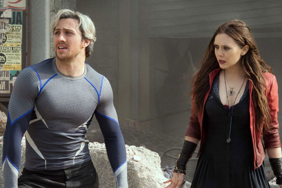 aaron taylor johnson and elizabeth olsen as quicksilver and scarlet witch in avengers age of ultron