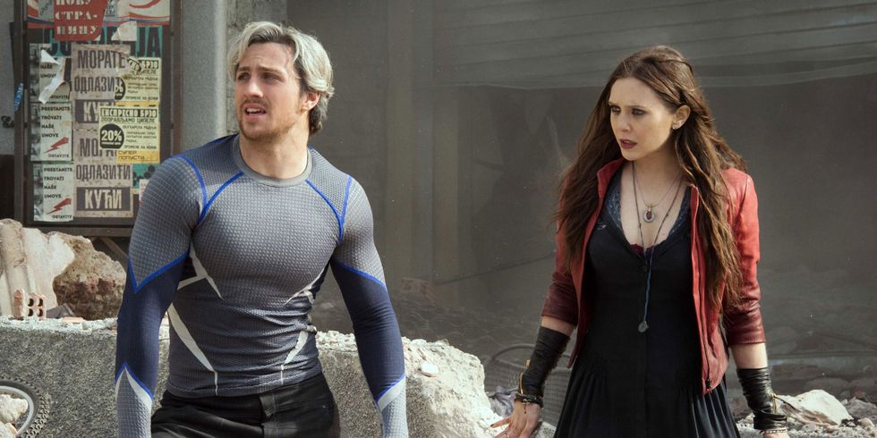 aaron taylor johnson and elizabeth olsen as quicksilver and scarlet witch in avengers age of ultron