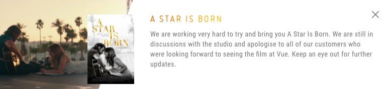 A Star Is Born Vue cinema statement screengrab