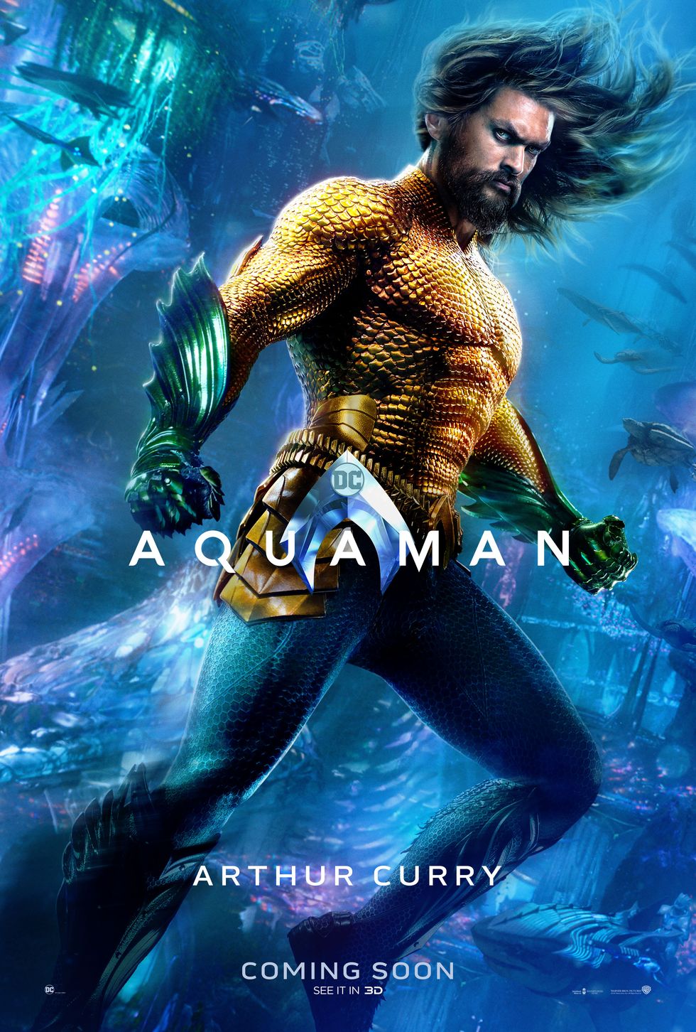 aquaman poster with jason momoa posing in armour