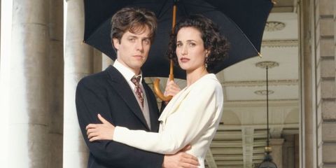 Hugh Grant and actress Andie MacDowell posing as their characters from Richard Curtis' 1994 comedy 'Four Weddings And A Funeral'