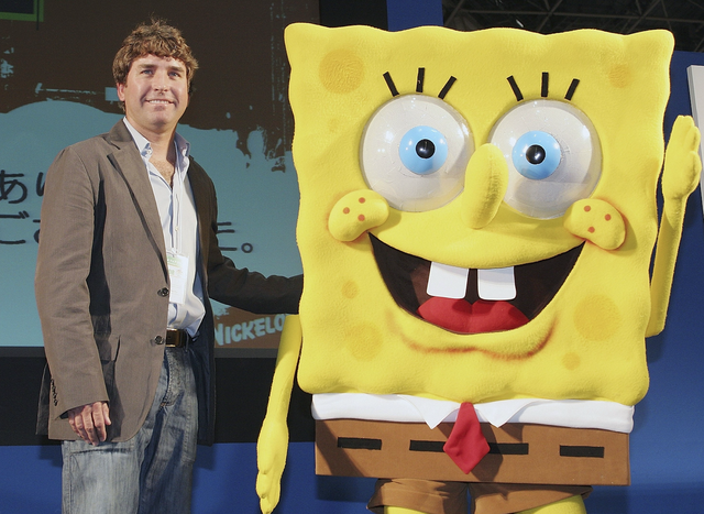 Stephen Hillenburg, the writer of a U.S. cartoon 'The SpongeBob SquarePants' poses with its charactor SpongeBob SquarePants