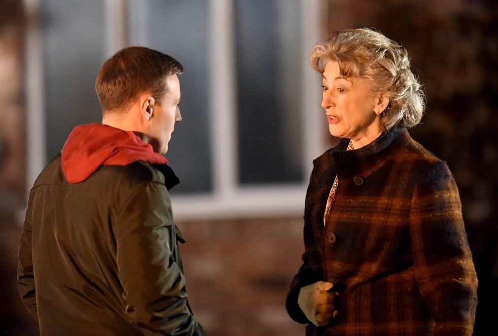 Evelyn Plummer with Tyrone Dobbs in Coronation Street filming pictures