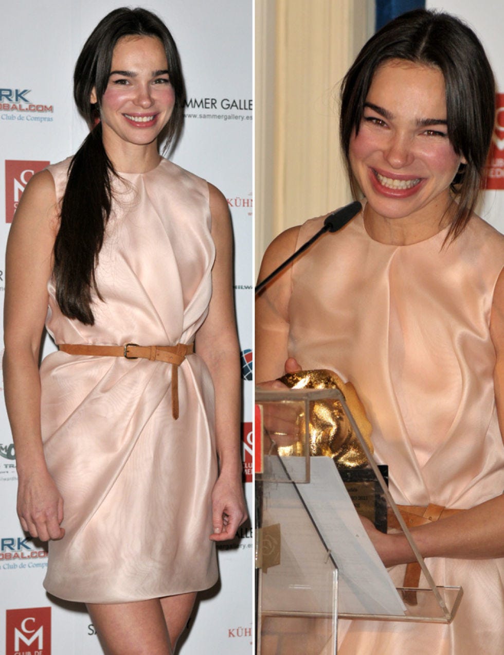 Smile, Shoulder, Dress, Facial expression, Style, Logo, Cocktail dress, Day dress, Eyelash, Award, 