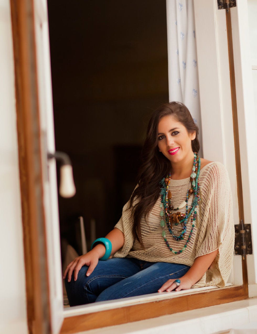 Jewellery, Sitting, Denim, Fashion accessory, Necklace, Street fashion, Long hair, Body jewelry, Makeover, Fashion design, 