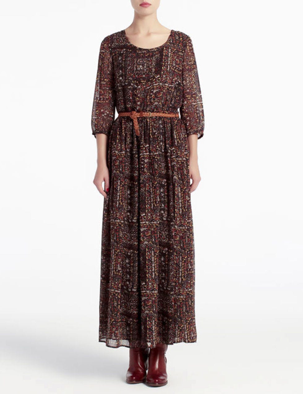 Clothing, Brown, Sleeve, Shoulder, Textile, Standing, Joint, Style, Pattern, Dress, 