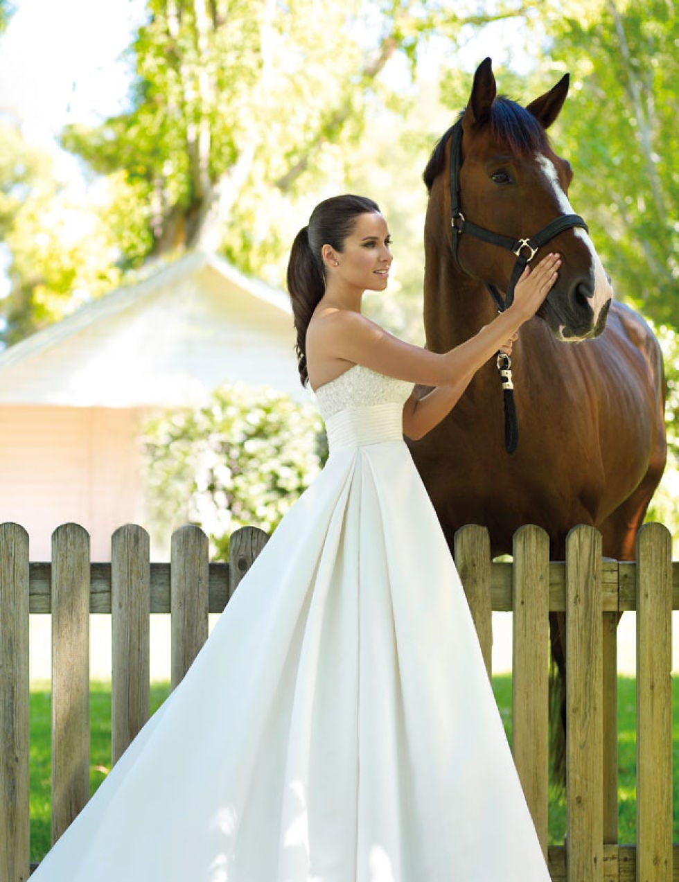 Dress, Photograph, Horse, Happy, People in nature, Formal wear, Beauty, Bridal clothing, Wedding dress, Gown, 