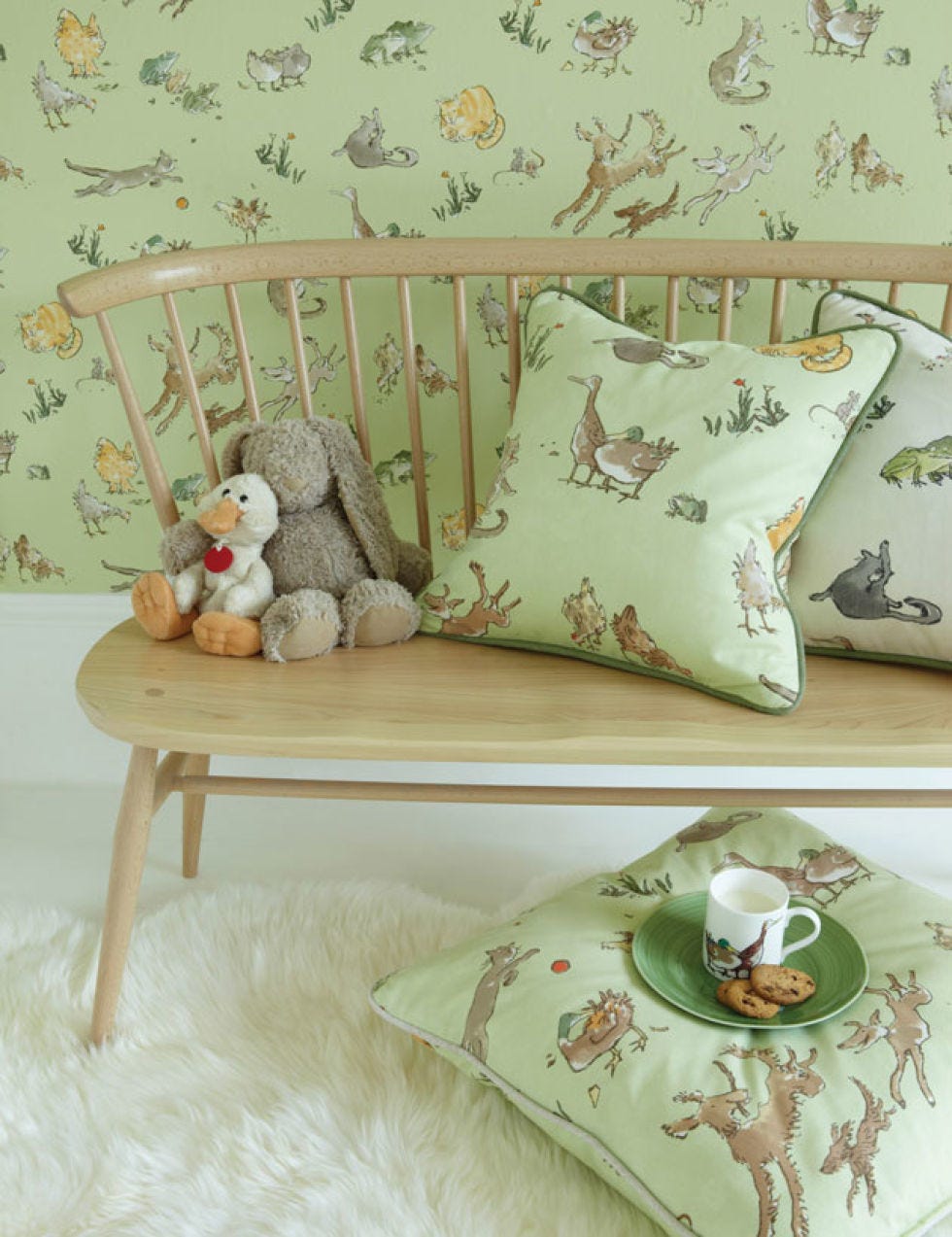 Green, Brown, Room, Interior design, Textile, Furniture, Serveware, Linens, Pattern, Interior design, 