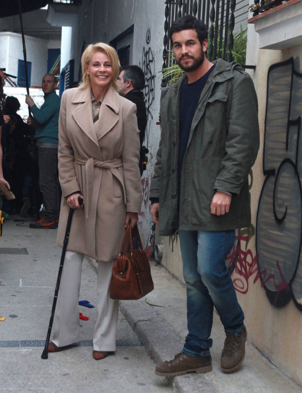 Clothing, Footwear, Leg, Coat, Trousers, Jacket, Textile, Standing, Outerwear, Bag, 