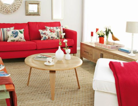 Room, Interior design, Furniture, Home, Living room, Table, White, Red, Lamp, Interior design, 