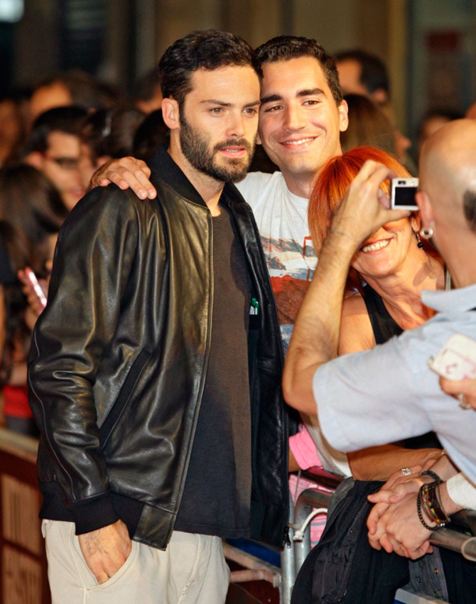 Face, Jacket, Facial hair, Beard, Watch, Leather jacket, Bag, Street fashion, Leather, Fashion design, 