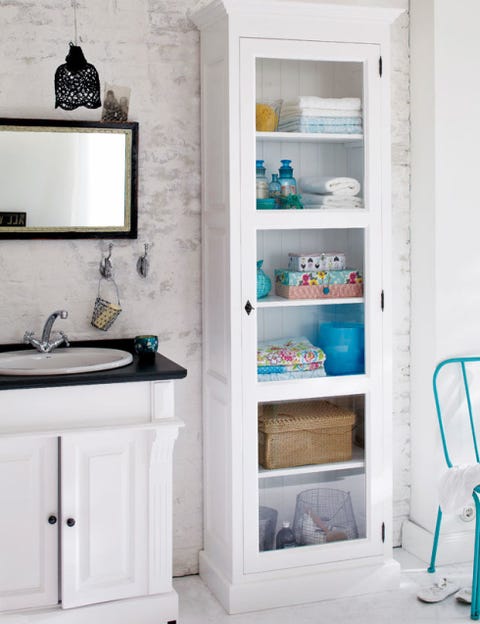 Room, White, Wall, Interior design, Floor, Shelving, Bathroom cabinet, Cabinetry, Teal, Turquoise, 