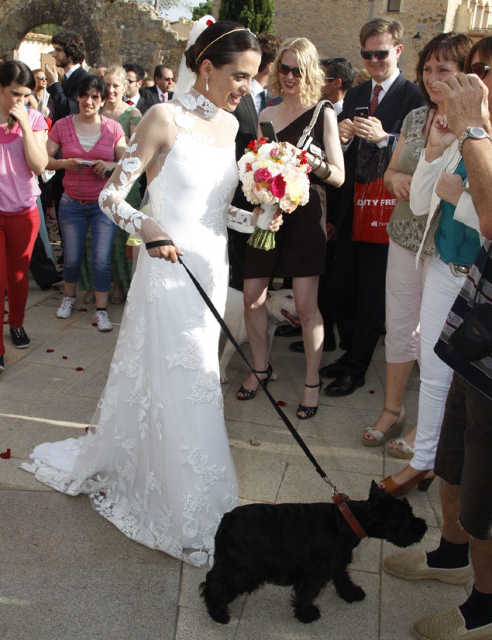 Clothing, Footwear, Leg, Dog breed, Trousers, Dress, Dog, Carnivore, Leash, Mammal, 