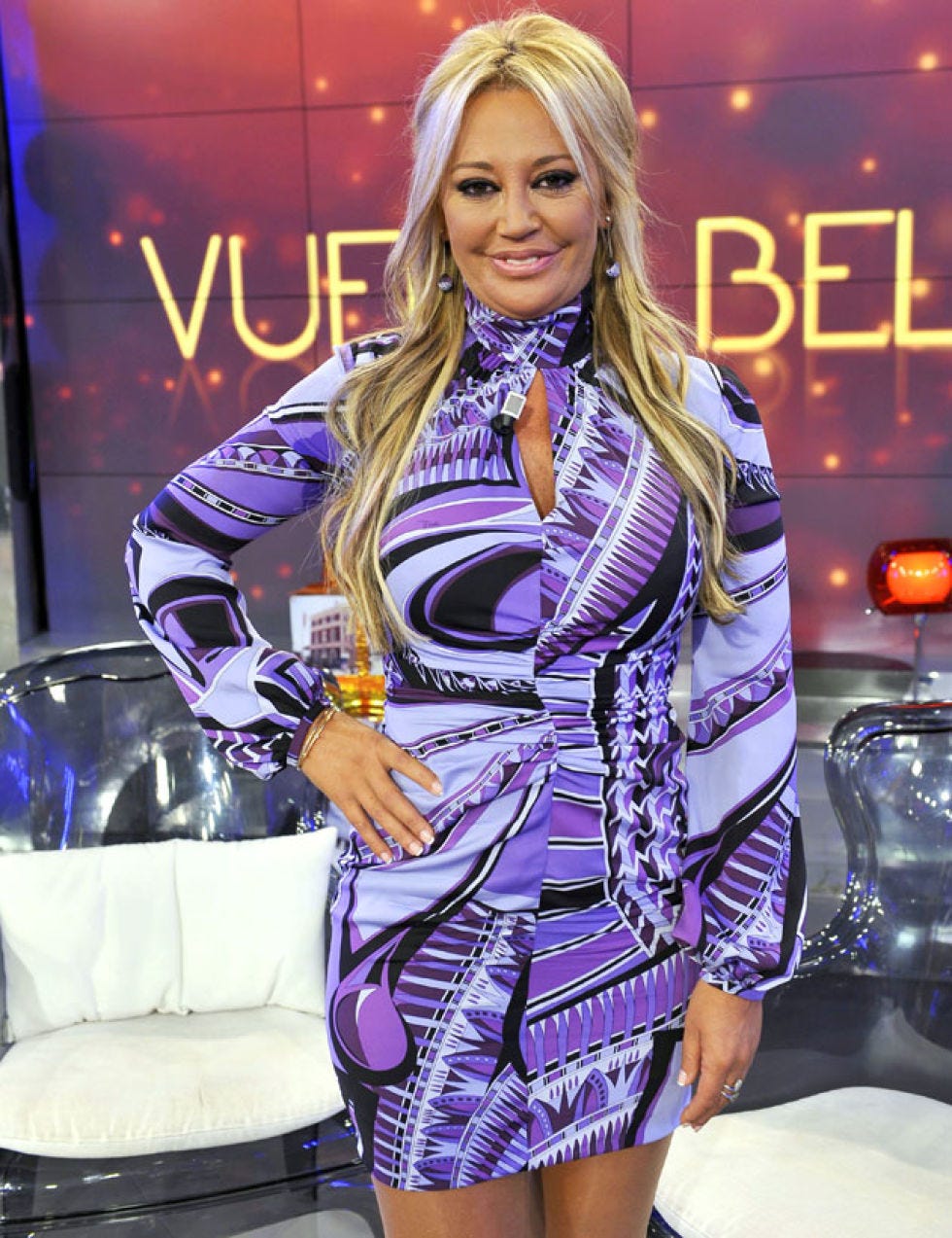 Outerwear, Dress, Purple, Electric blue, Cocktail dress, Blond, One-piece garment, Model, Day dress, Long hair, 
